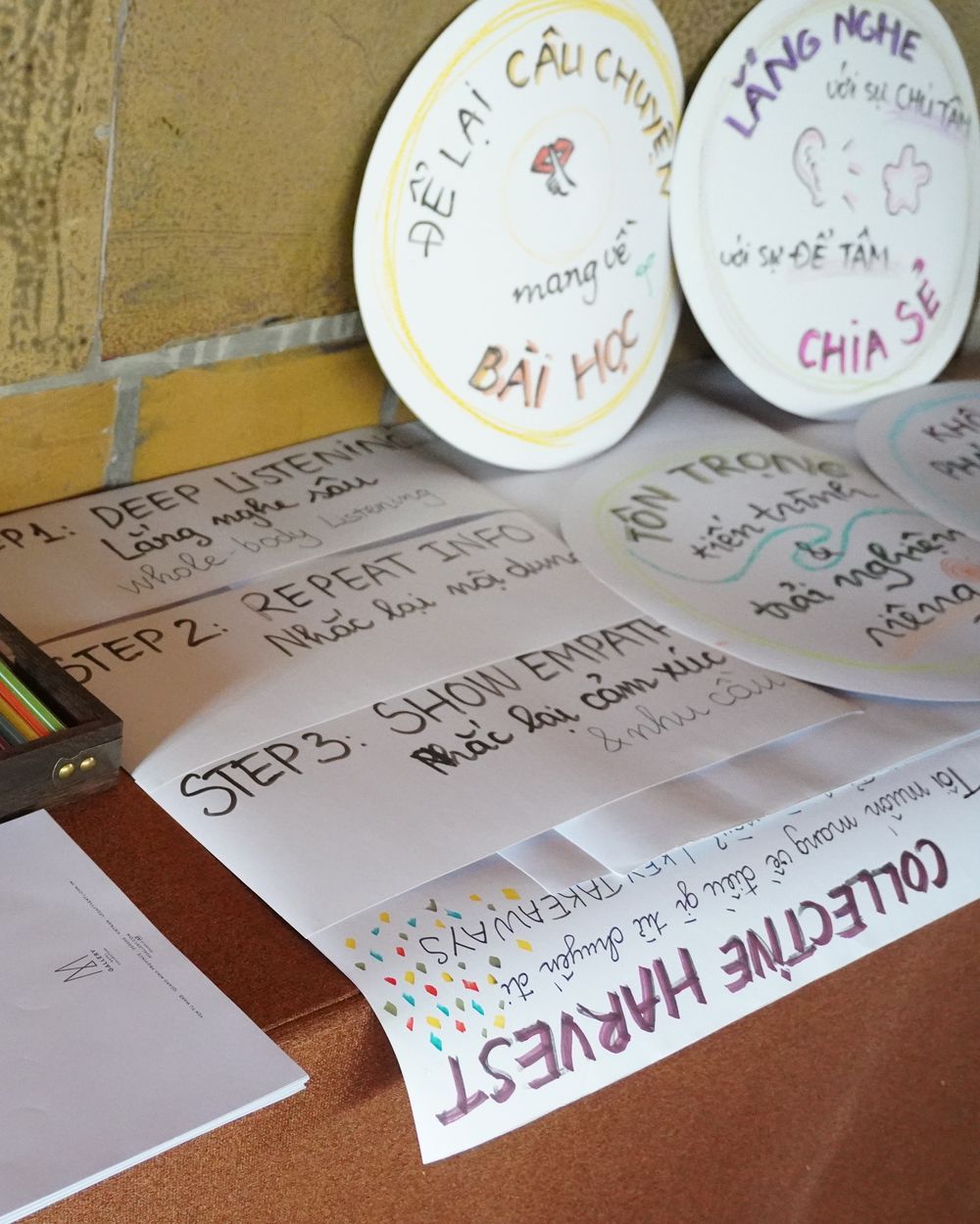 Bàn làm việc nhóm với bút màu và những tờ giấy ghi các bước lắng nghe sâu, thấu cảm, cùng những tấm bìa tròn viết tay