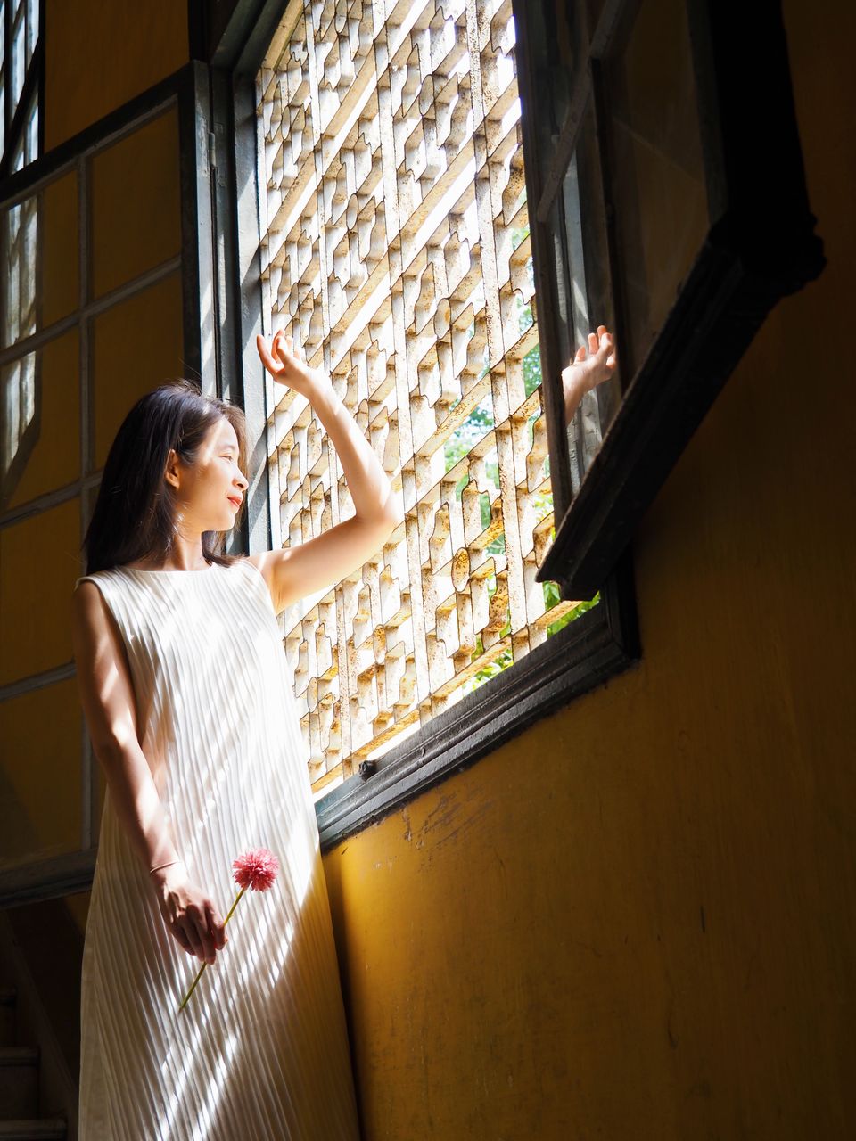Thuỷ đứng bên khung cửa sổ gỗ, một tay đưa lên chạm vào ánh sáng, tay kia cầm một bông hoa hồng nhạt
